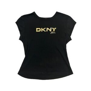 DKNY Jeans Y2K Black Tee with Gold Stud Rhinestone Accents